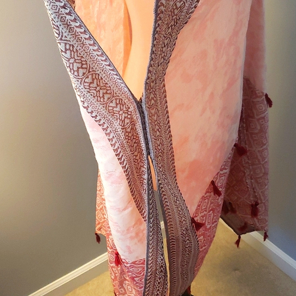 LONG BOHO DUSTER KIMONO SWIM COVER UP PINK RED BROWN PEACH AZTEC TASSLES… - Picture 5 of 7